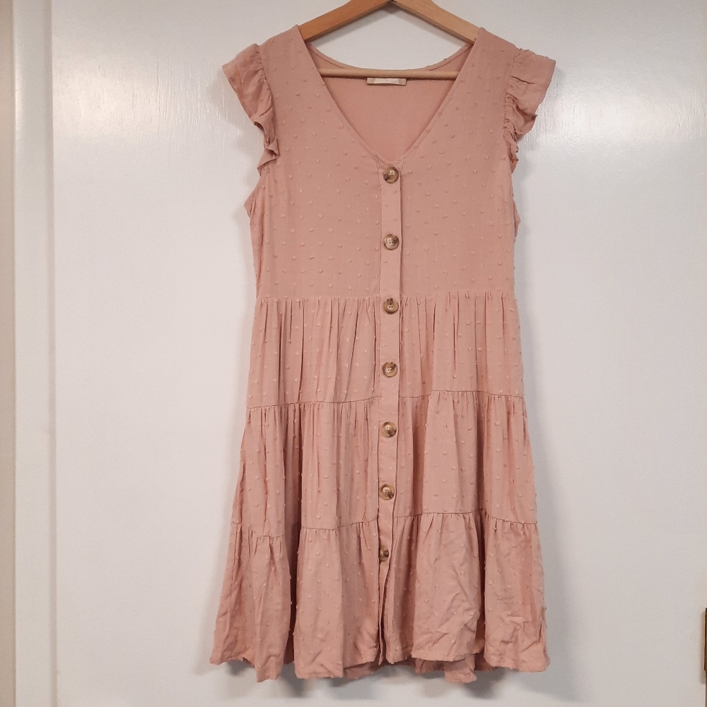 Altar'd State Short Boho Baby Doll Dress Sz S Blush Pink Swiss Dot Vneck Button